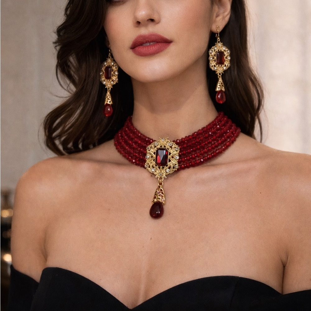 Elegant Gold and Red Victorian Faceted Beading Choker Necklace Earring Set - Picture 3 of 5